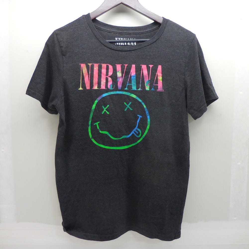 Nirvana Smiley Face Rainbow Tie Dye Graphic T-Shirt Charcoal Gray Large L